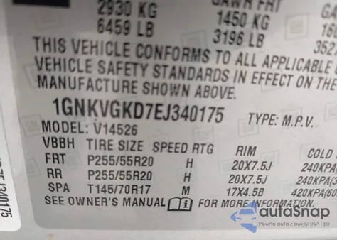 2014 Chevrolet Traverse 1Lt z USA, uszkodzony, nr VIN 1GNKVGKD7EJ340175